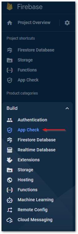Screenshot of Firebase Console menu by author