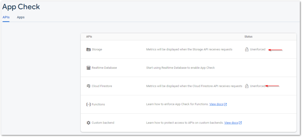 Screenshot of APIs tab in Firebase by author