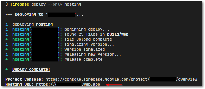 Screenshot of the deployment of the Flutter web app to Firebase Hosting by author