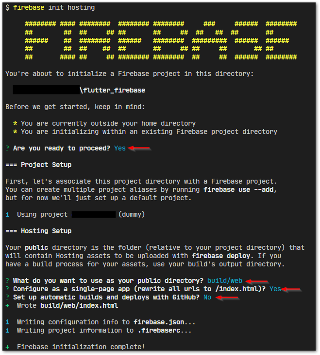 Screenshot of the initialization of Firebase Hosting by author