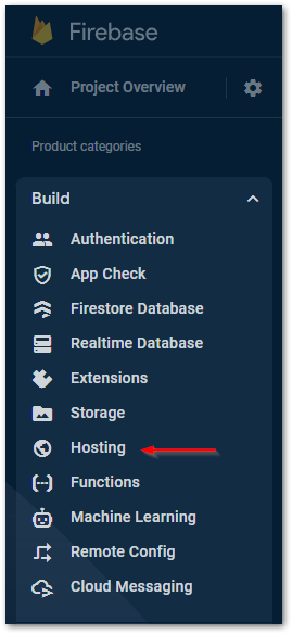 Screenshot of the Hosting menu in Firebase by author