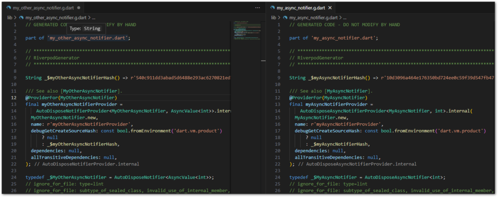 Notifier with return type AsyncValue on the left vs AsyncNotifier with return type int on the right. Can you spot the difference in the generated code?