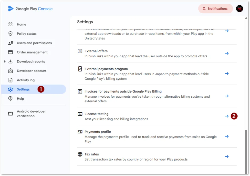 Setting up test purchases for Android Apps in Google Play Console