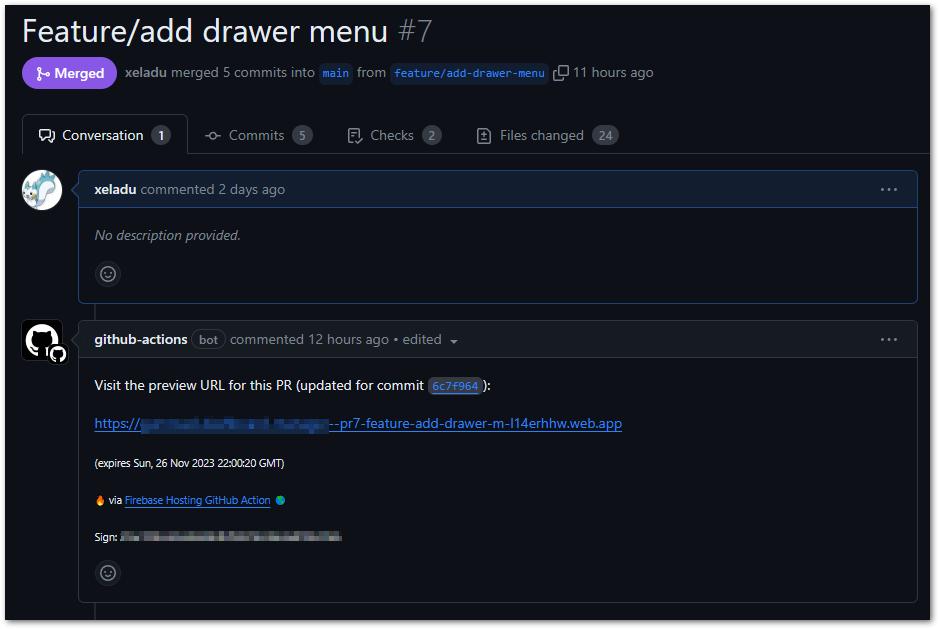 Successful preview channel deployment of the GitHub Action to Firebase Hosting. Details about the channel are added as a comment in the pull request.