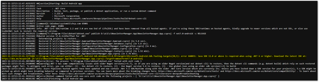 Error message “Java SDK 11.0 or above is required when using .NET 6 or higher” during a pipeline run in Azure DevOps