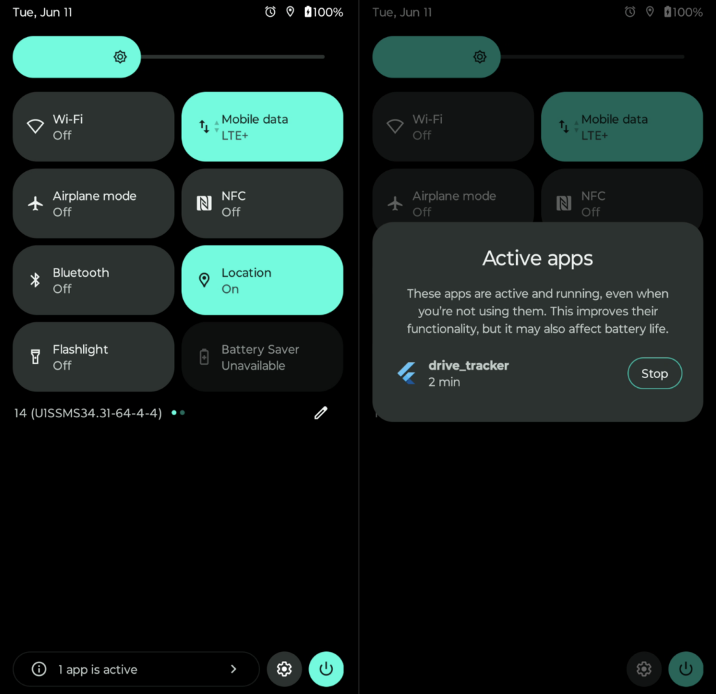 Screenshot of the Android notification center with an active app indicator at the bottom (left) and screenshot of the Android notification center with a detail view of the active app indicator (right)