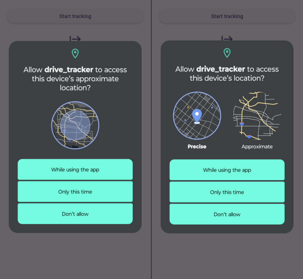 Screenshot of an Android app requesting the device’s approximate location with the ACCESS_COARSE_LOCATION permission defined in the AndroidManifest.xml (left) and screenshot of an Android app requesting the device’s exact location with the ACCESS_FINE_LOCATION permission defined in the AndroidManifest.xml. The user can select which permission should be granted.