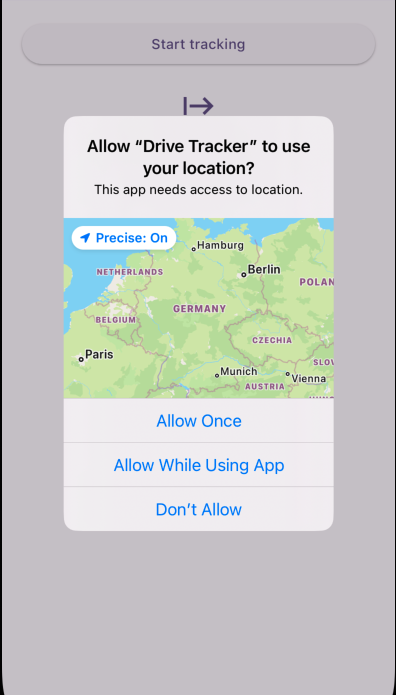 Screenshot of a mobile iOS app requesting access to location services. The reason phrase from the configuration file is displayed in the request.