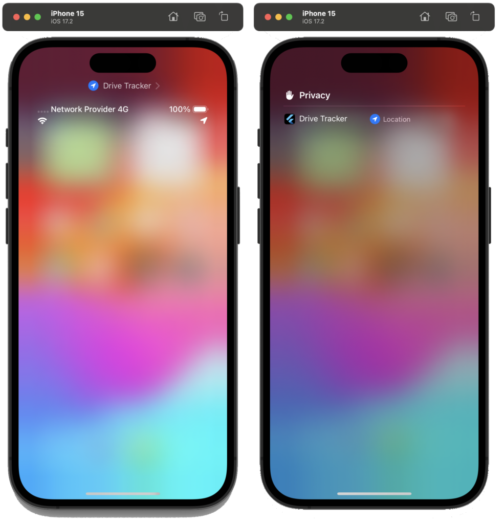 Screenshot of an iOS simulator running an app in the background (left) and screenshot of an iOS simulator running an app in the background with details (right)