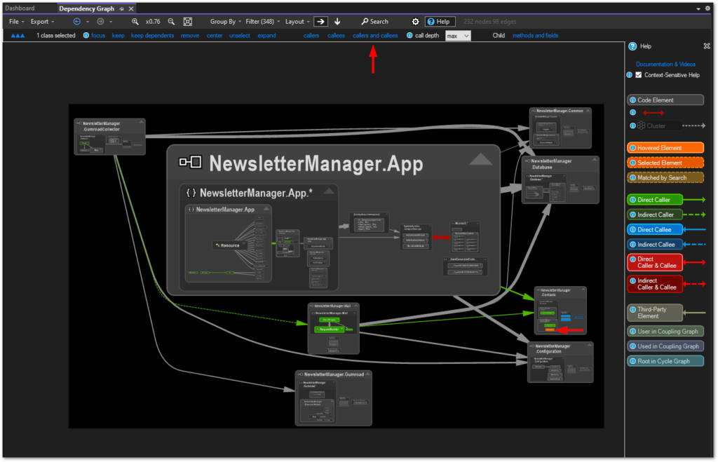 Creating a Call Hierarchy diagram. Select an element in the Dependency Graph that you are interested in (see red arrow on the right) and click on callers and callees in the menu bar at the top (second red arrow).