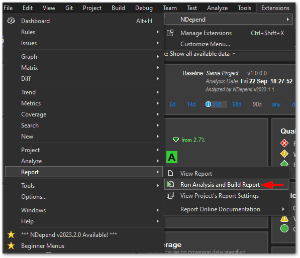 Run analysis and create an HTML report with NDepend in Visual Studio