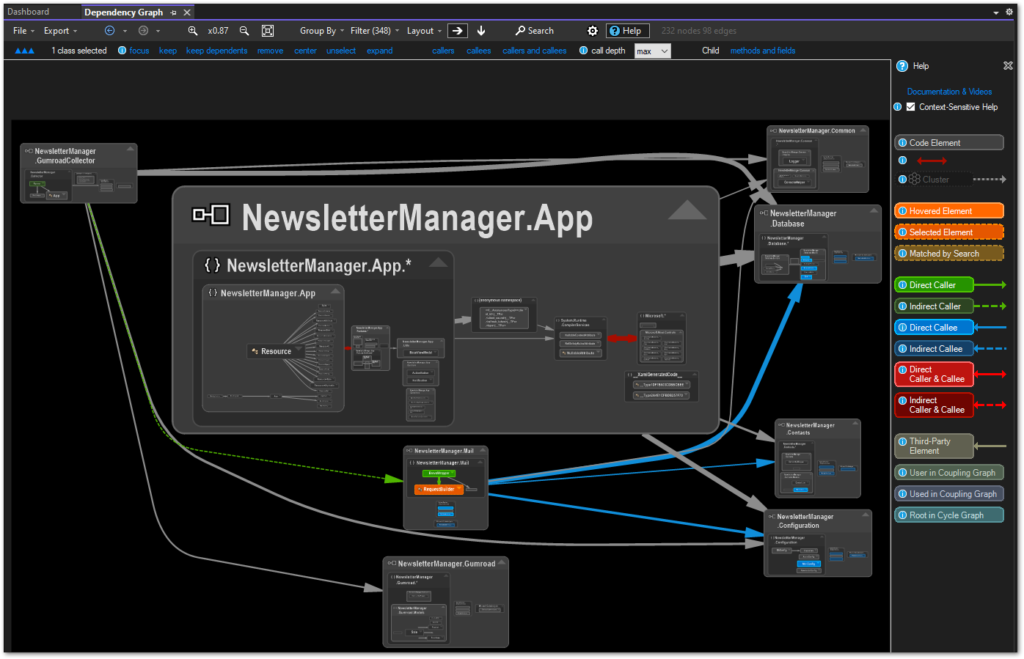 Dependency Graph visualization of a .NET solution. By clicking on classes or namespaces, the related entities are highlighted. The legend on the right explains what every color and arrow type means.