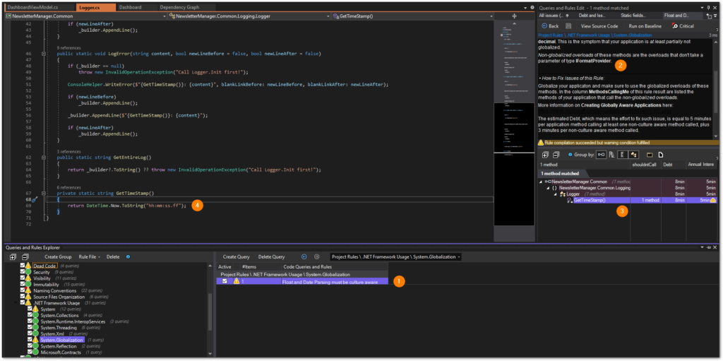 From the Queries and Rules Explorer (1), a double-click opens the Queries and Rules Edit window. Here you have a detailed explanation of the violated rule as well as solutions that fix the problem (2). Another double-click on a method name (3) brings you to the implementation where you can immediately start improving the code (4).