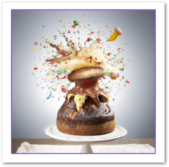 Exploding cake image generated by Microsoft Designer