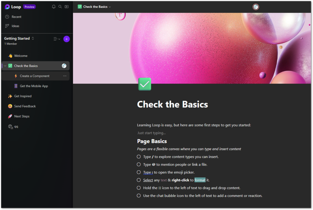 Screenshot of the Microsoft Loop user interface. It looks nice, but it lacks features compared to Notion.