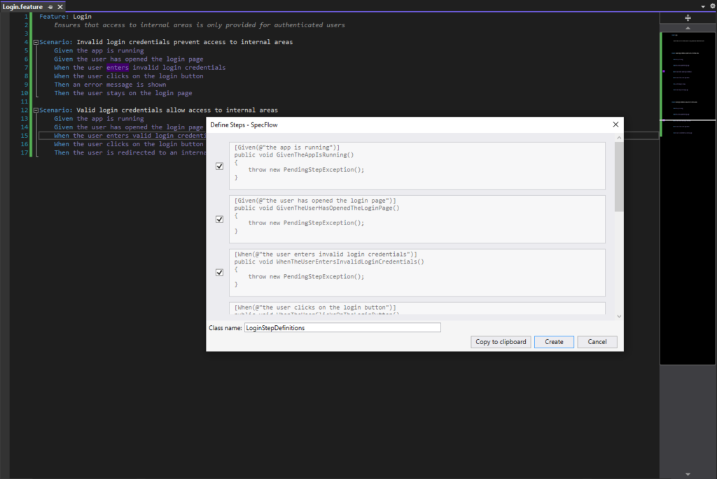 Generating step definitions for a feature file