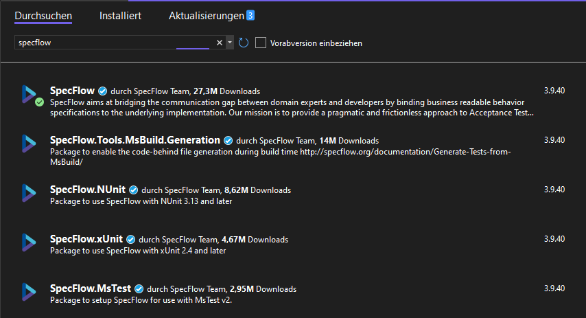 Install required Nuget packages for SpecFlow