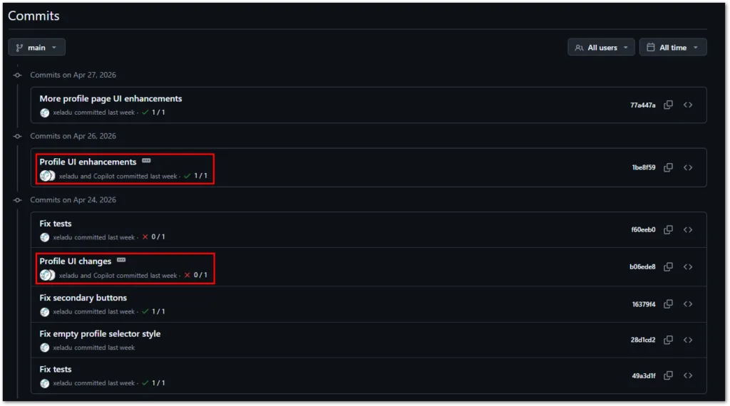 My recent commit history on GitHub with Copilot being added as co-author.
