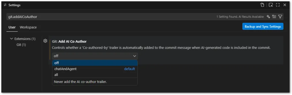 VS Code setting to remove Copilot as co-author in commit messages.