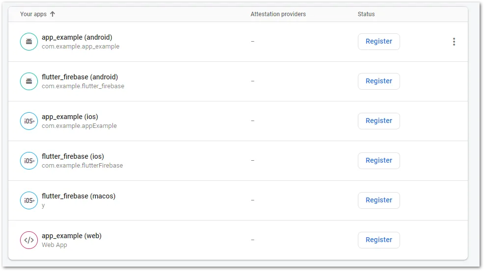 Screenshot of Firebase App Check app selection by author
