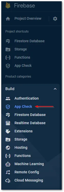 Screenshot of Firebase Console menu by author