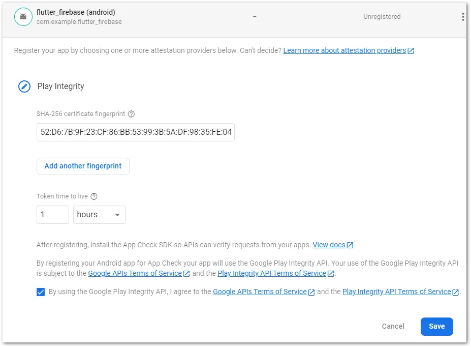 Screenshot of Play Integrity setup in Firebase by author