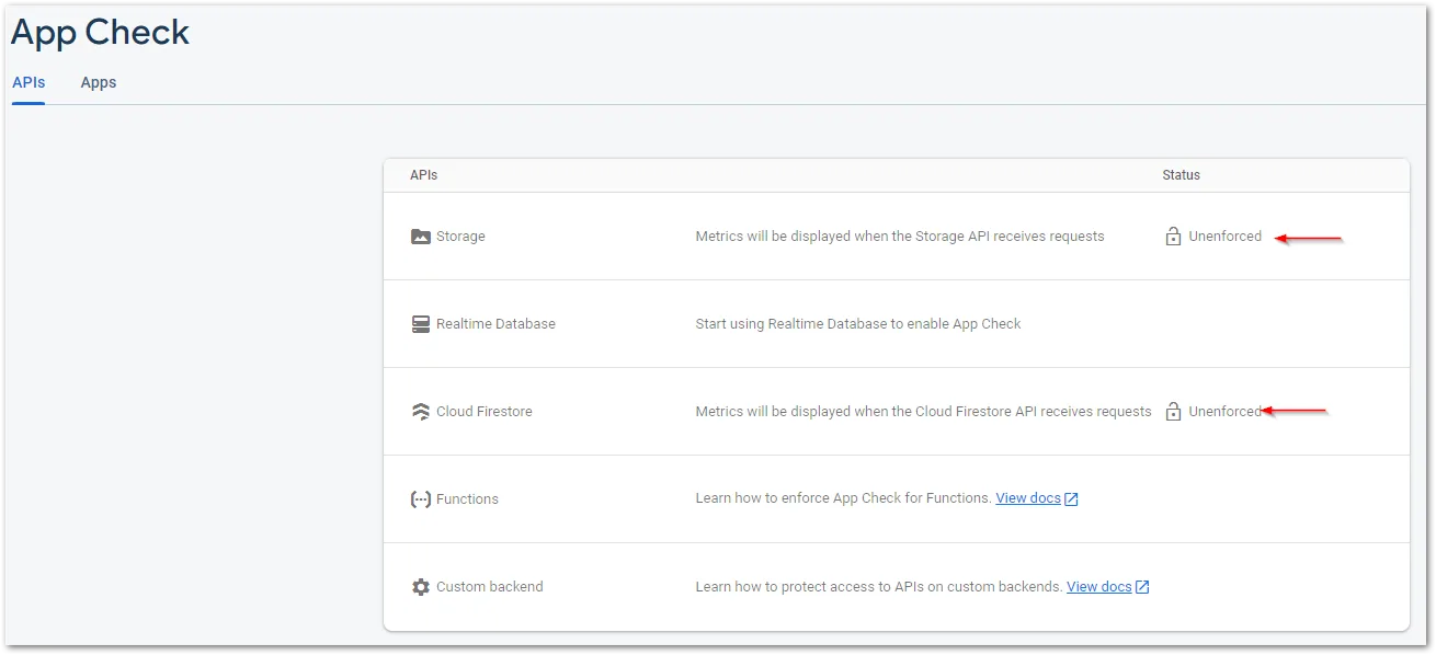 Screenshot of APIs tab in Firebase by author