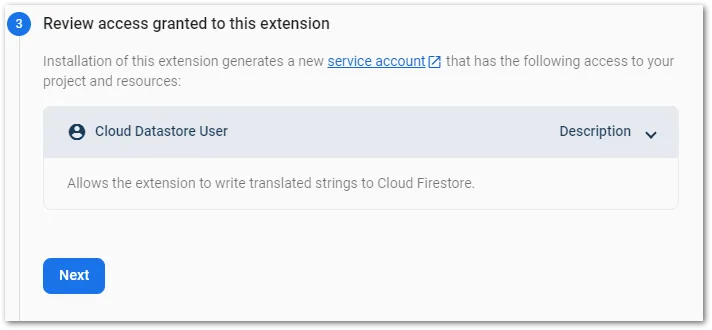 Screenshot of Firebase extensions setup process by author