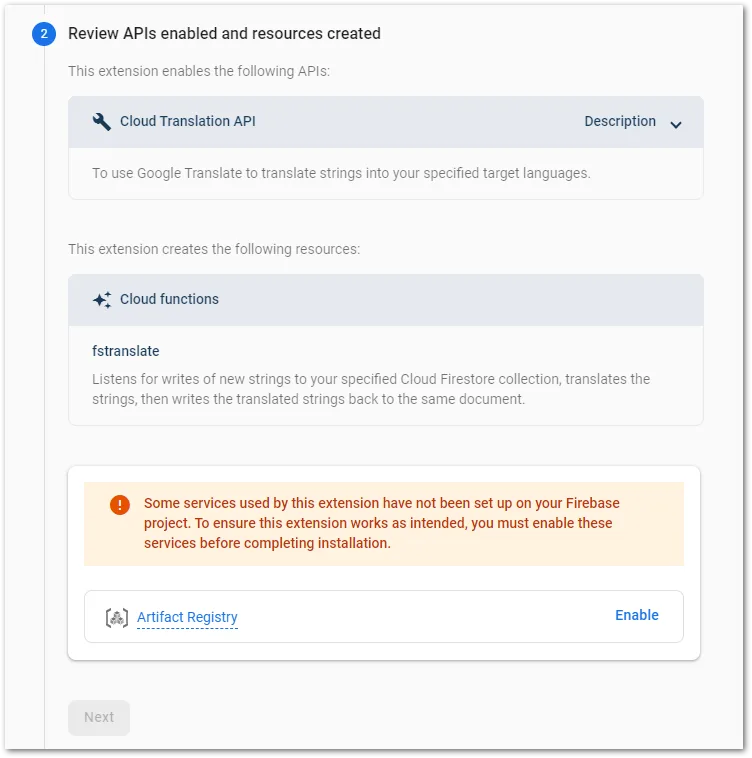 Screenshot of Firebase extensions setup process by author