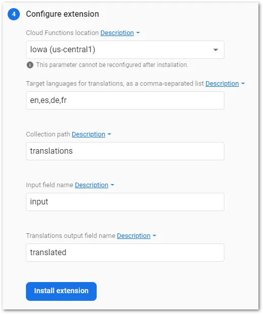 Screenshot of Firebase extensions setup process by author