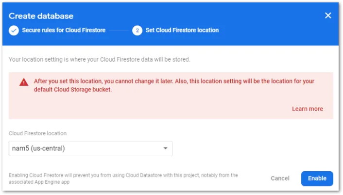 Screenshot of location selection for Cloud Firestore by author