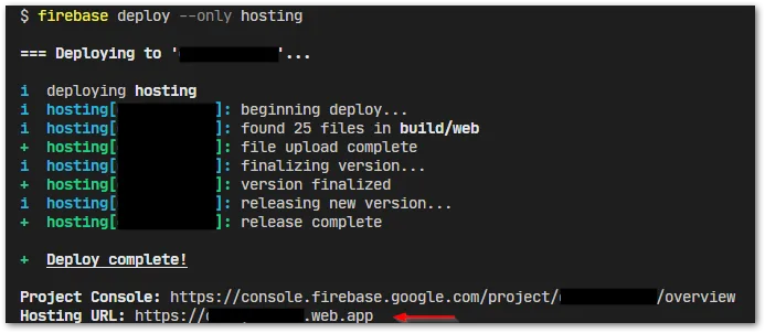 Screenshot of the deployment of the Flutter web app to Firebase Hosting by author