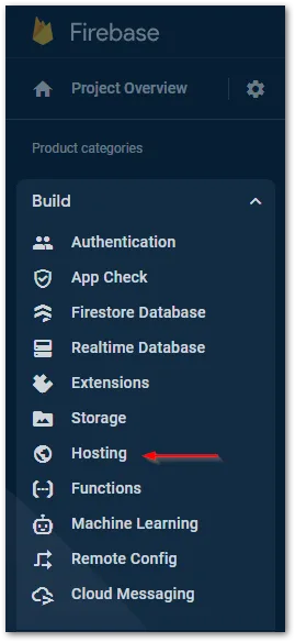 Screenshot of the Hosting menu in Firebase by author