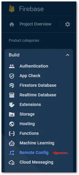 Screenshot of Build menu in Firebase by author