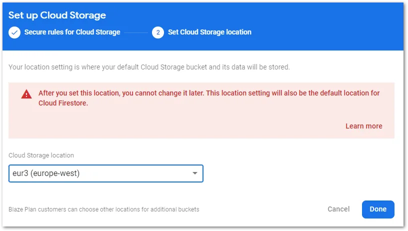Screenshot of Firebase Storage location setup by author