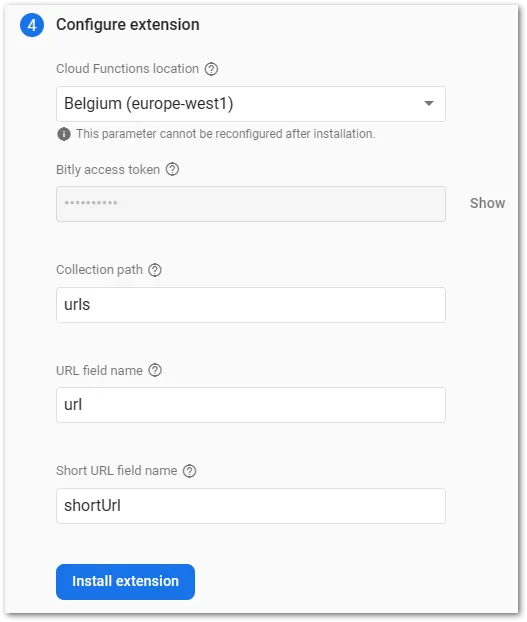 Configure the Shorten URLs extension of Firebase