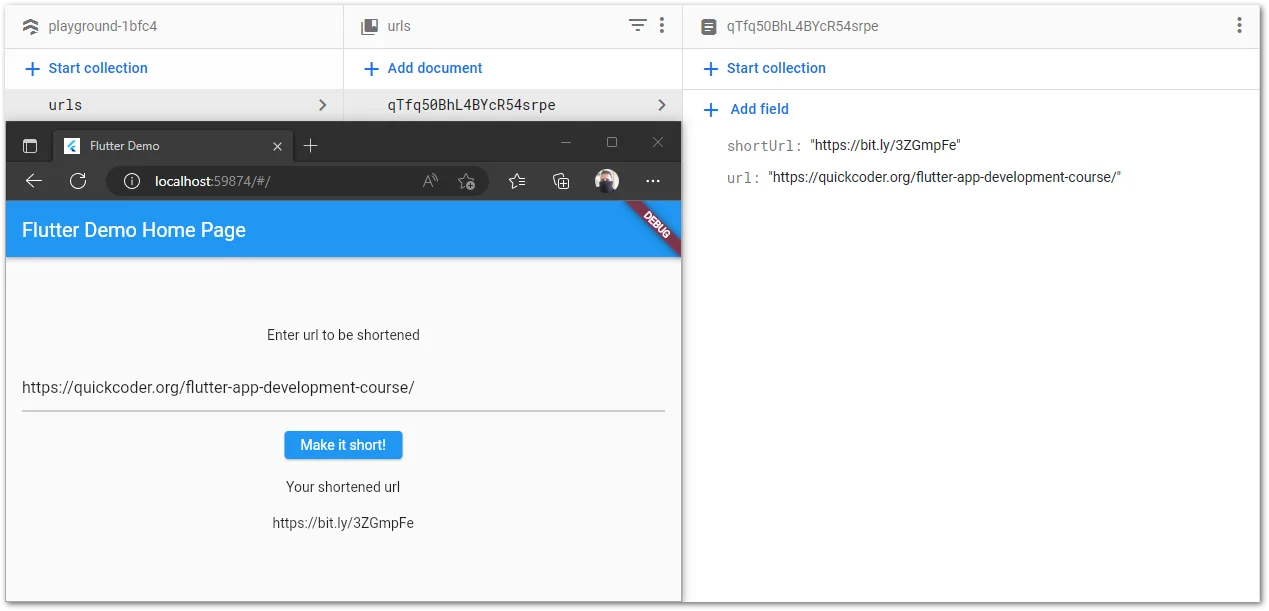 Screenshot of the final workflow with a Flutter app running in the browser to shorten a URL