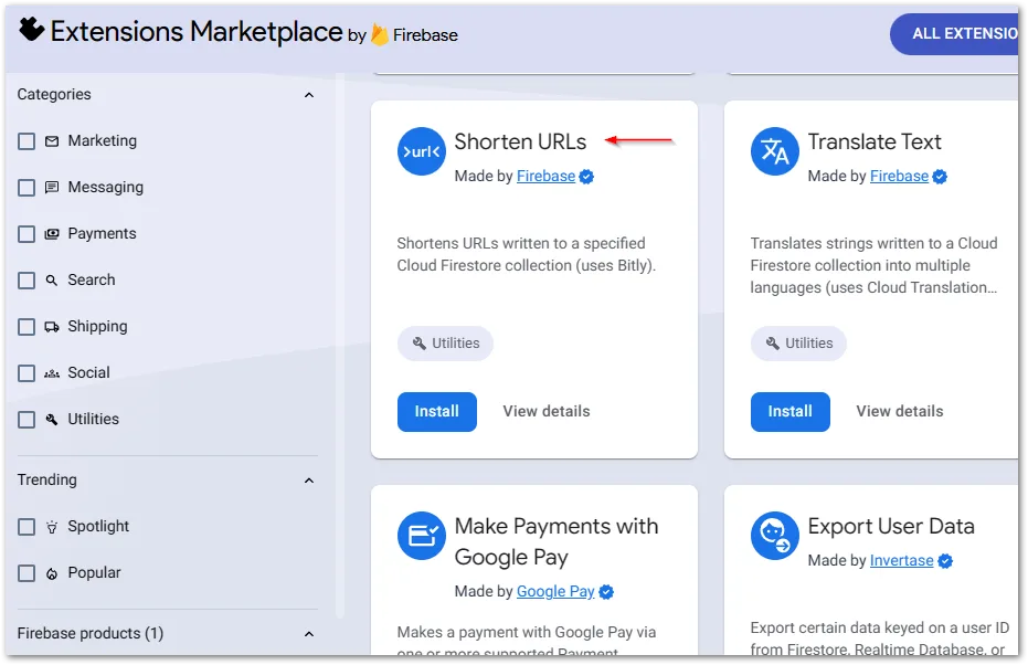 Installing the Shorten URLs extension from the Firebase marketplace