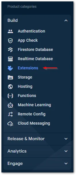 Screenshot of Firebase Extensions menu entry by author