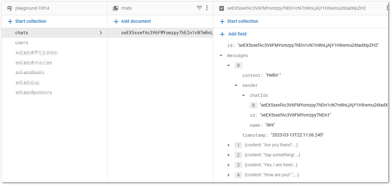 Chats collection in Firebase Firestore containing an identifier, a list of messages, and a list of users (not in image).