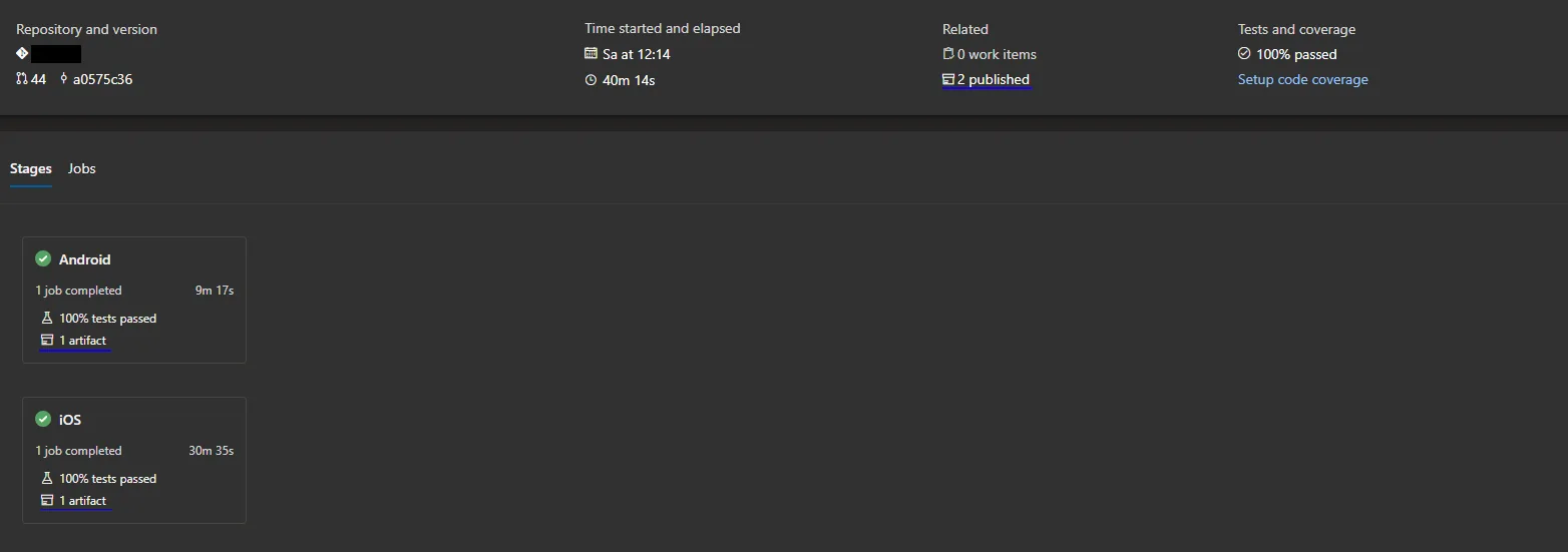 Build summary including build details, test results, and published artifacts on Azure\u00a0DevOps