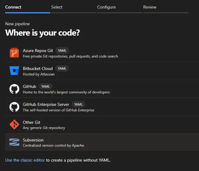 Select code provider in Azure\u00a0DevOps
