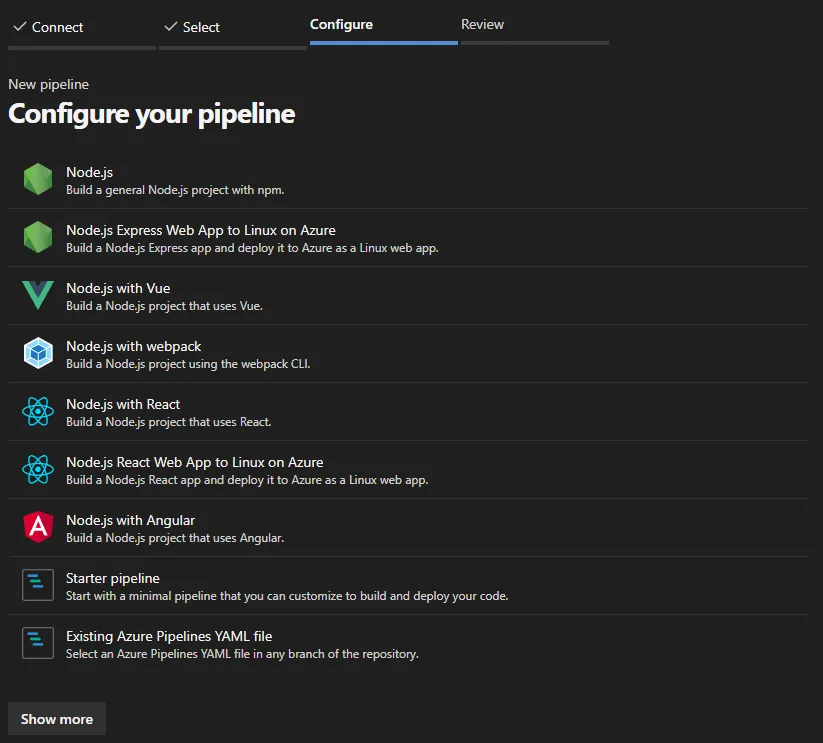 Setup screen with predefined templates for new pipelines in Azure\u00a0DevOps