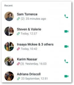 Screenshot of the WhatsApp call list with a header and multiple\u00a0entries