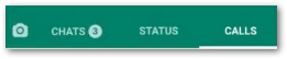 Screenshot of the WhatsApp tab bar including a photo button and three tab headers with optional notification counters