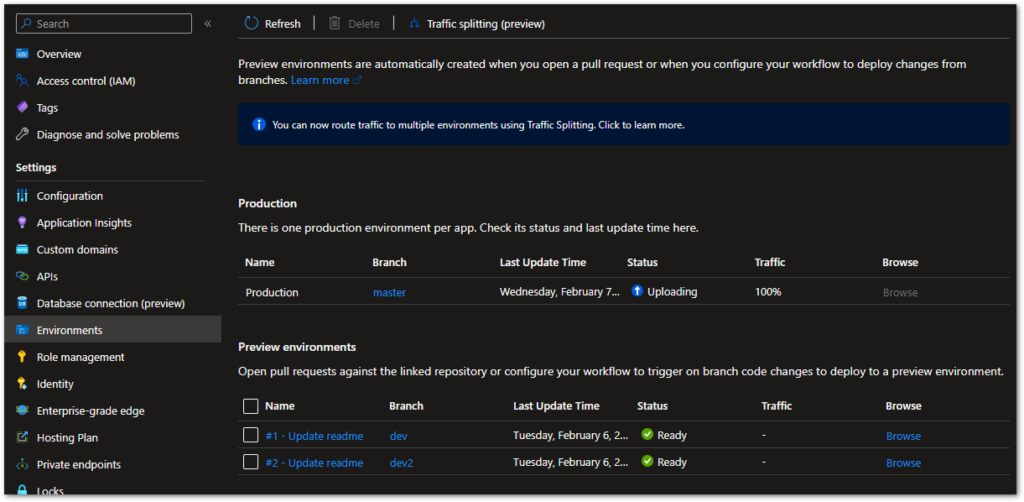 Here is the static web app environment view in Microsoft Azure. The production environment targets the master branch while all other branches are deployed to preview environments.