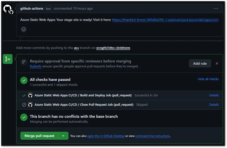 GitHub actions runner result and comment with URL to the deployed preview version in GitHub.