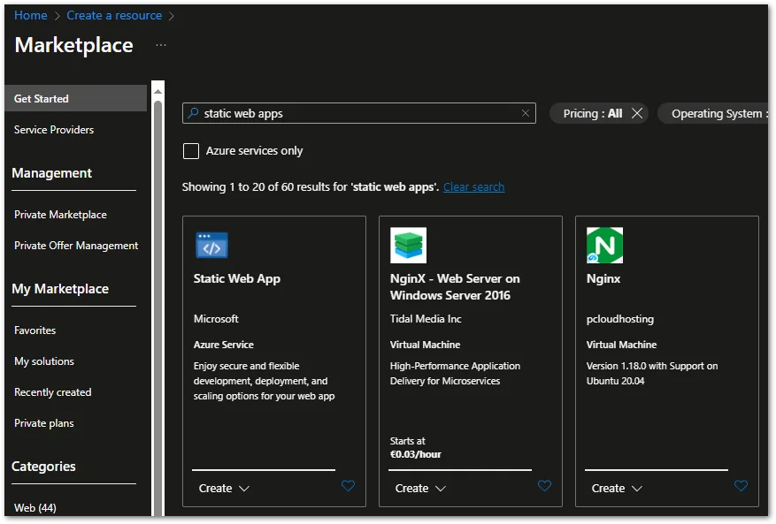 Create a static web app in Azure Portal to deploy Flutter web apps