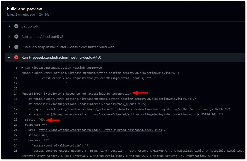 GitHub Action error while deploying to Firebase Hosting. The error status code 403 indicates that the GitHub Action does not have enough permissions to execute the deployment.