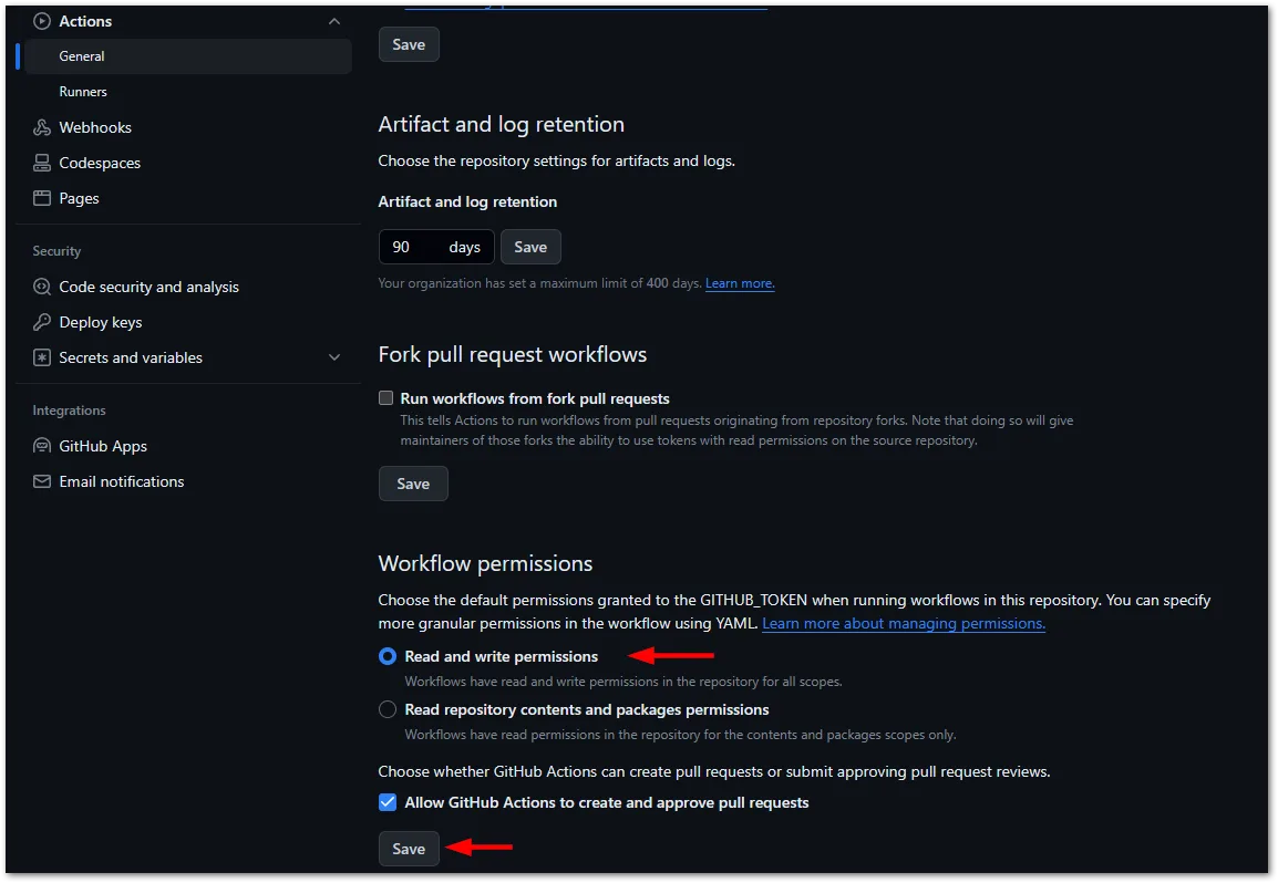 Screenshot of the GitHub repository settings. Activate the radio button “Read and write permission” and enable the check box “Allow GitHub Actions to create and approve pull requests” to fix the errors above.
